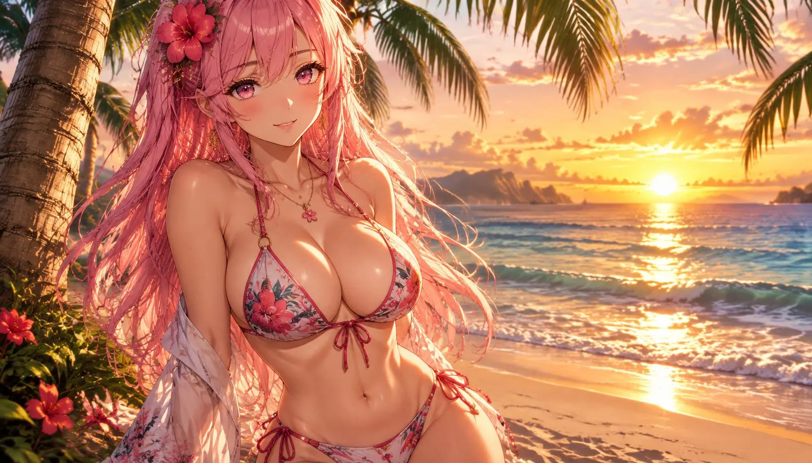 NSFW Chat anime girl in a bikini under palm trees at sunset